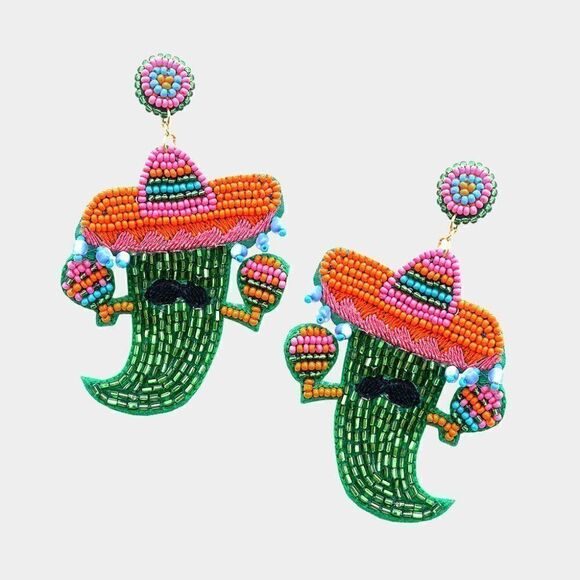 Chili Pepper Green Seed Bead Earrings - Picture 4 of 6